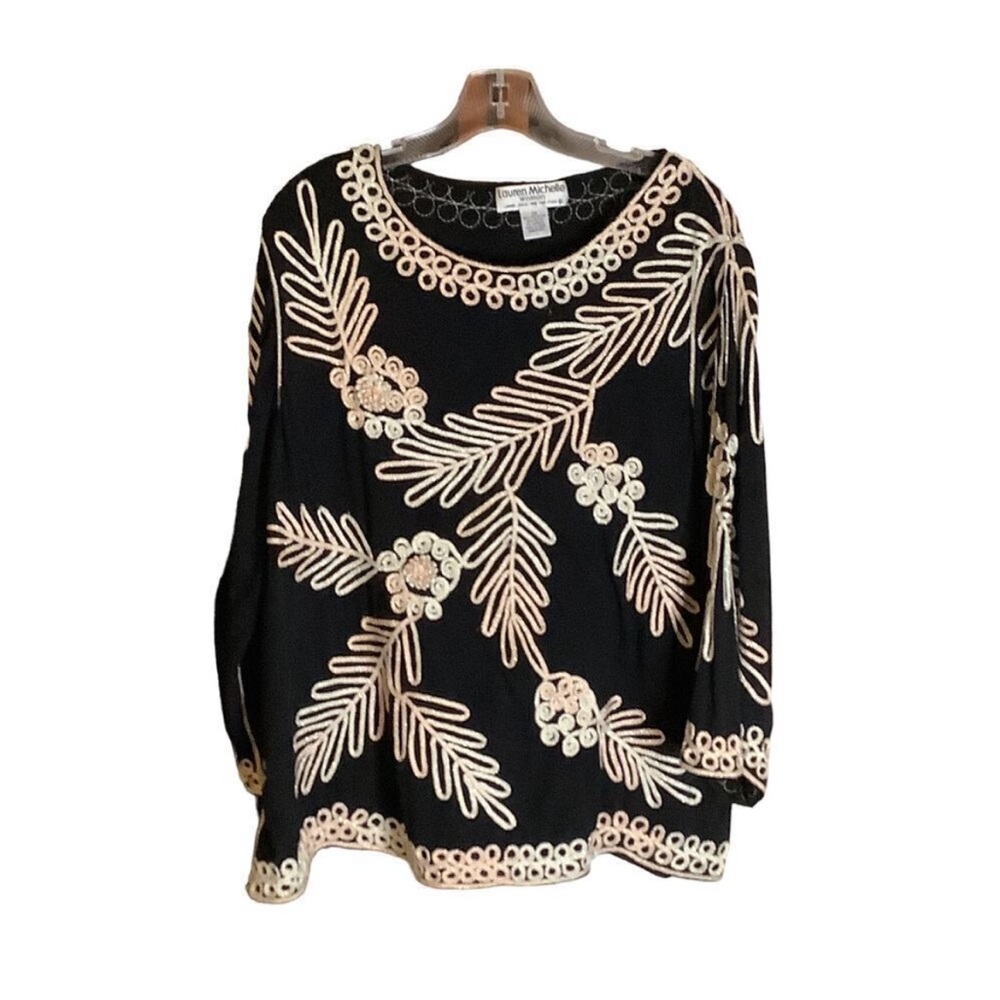 Vintage 2X Lauren Michelle Black Top with Gold/Pink/White/Cord Embroidery Scoop